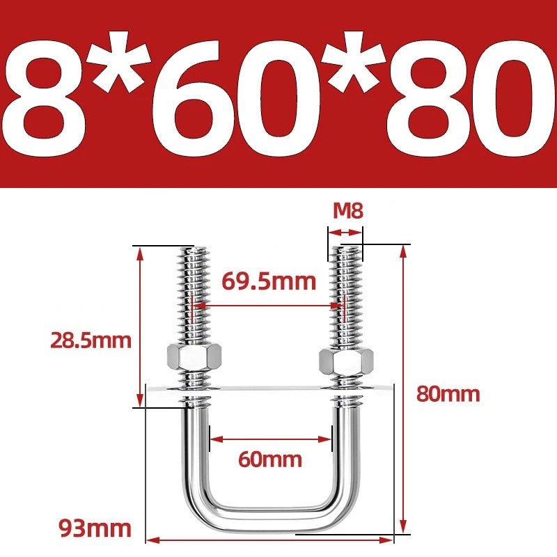 M8 Square U - Bolts Stainless Steel A2 with Plates and Nuts — Multiple Sizes - HomeDIYer