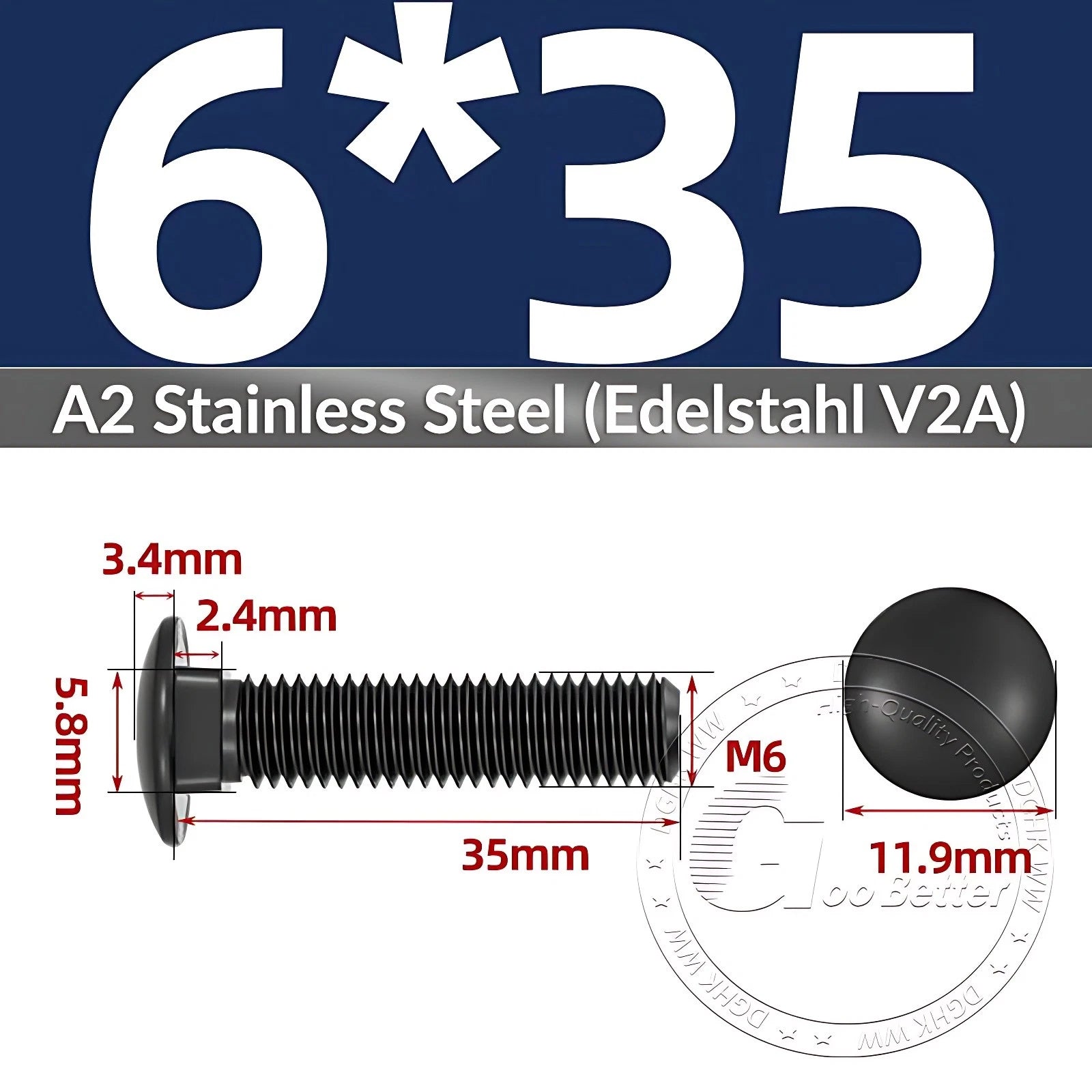 Black Stainless Steel Carriage Bolts M3–M12 | A2 Cup Square Dome Screws