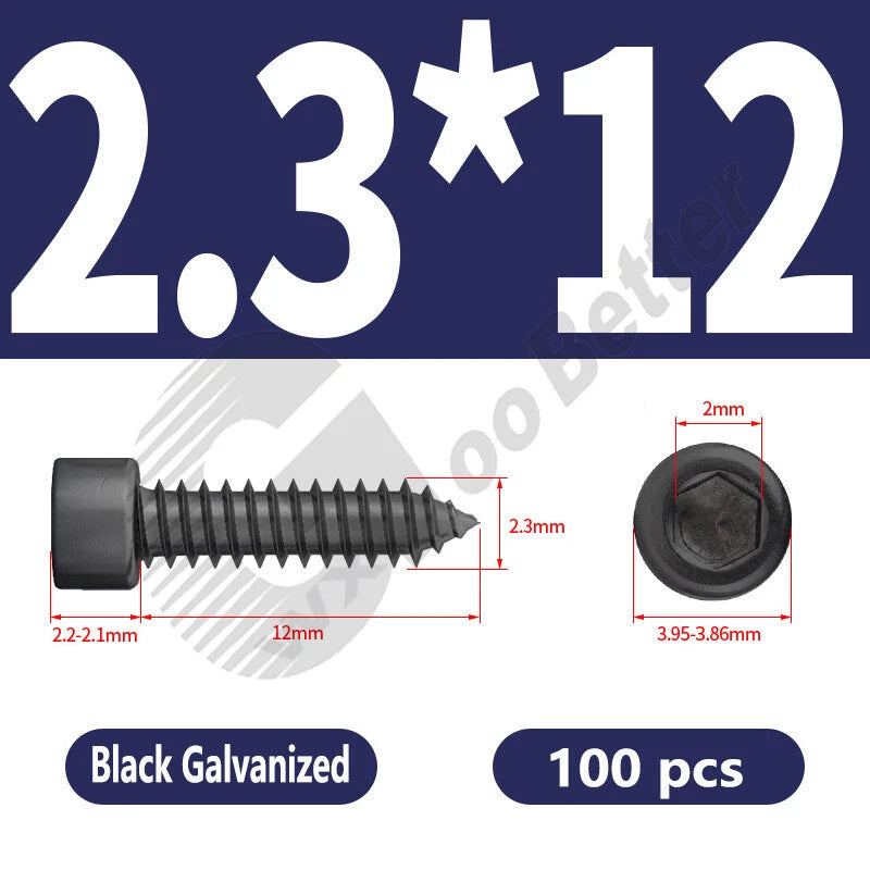 M1.7 M2 M2.3 M2.6 M3 M3.5 M4 M5 M6 Socket Head Self‑Tapping Screws – Alloy Steel, Nickel or Black Zinc