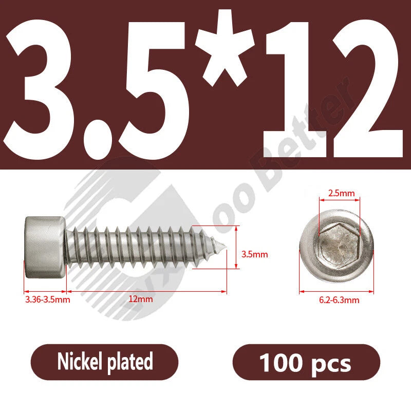 M1.7 M2 M2.3 M2.6 M3 M3.5 M4 M5 M6 Socket Head Self‑Tapping Screws – Alloy Steel, Nickel or Black Zinc