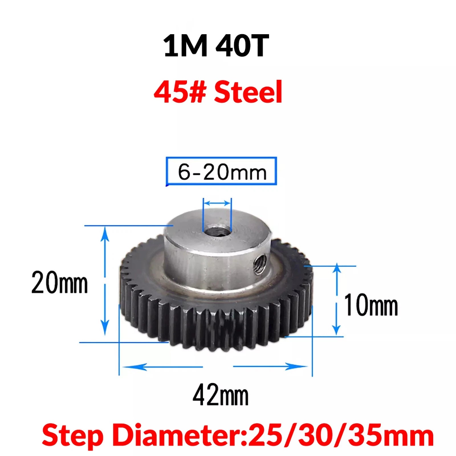 Mod 1 45# Steel Pinion Gear Spur Gears 10-60 T 14-50mm Bore With Step Motor Gear