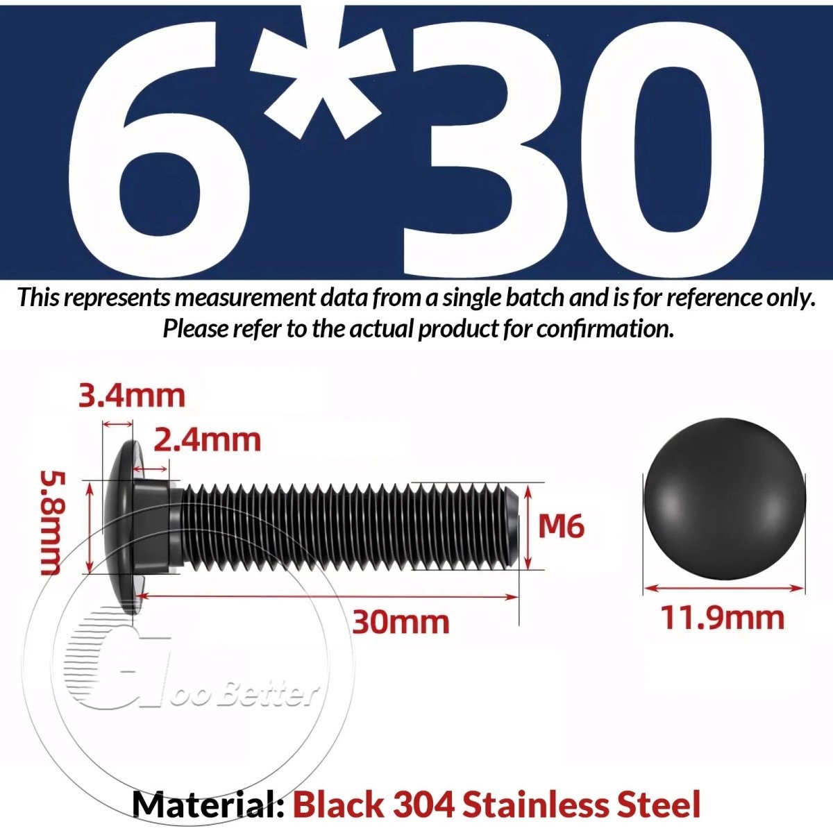 Black Carriage Bolts M3 M4 M5 M6 — Cup Square Domed Head, A2 - 70 Stainless Steel - HomeDIYer