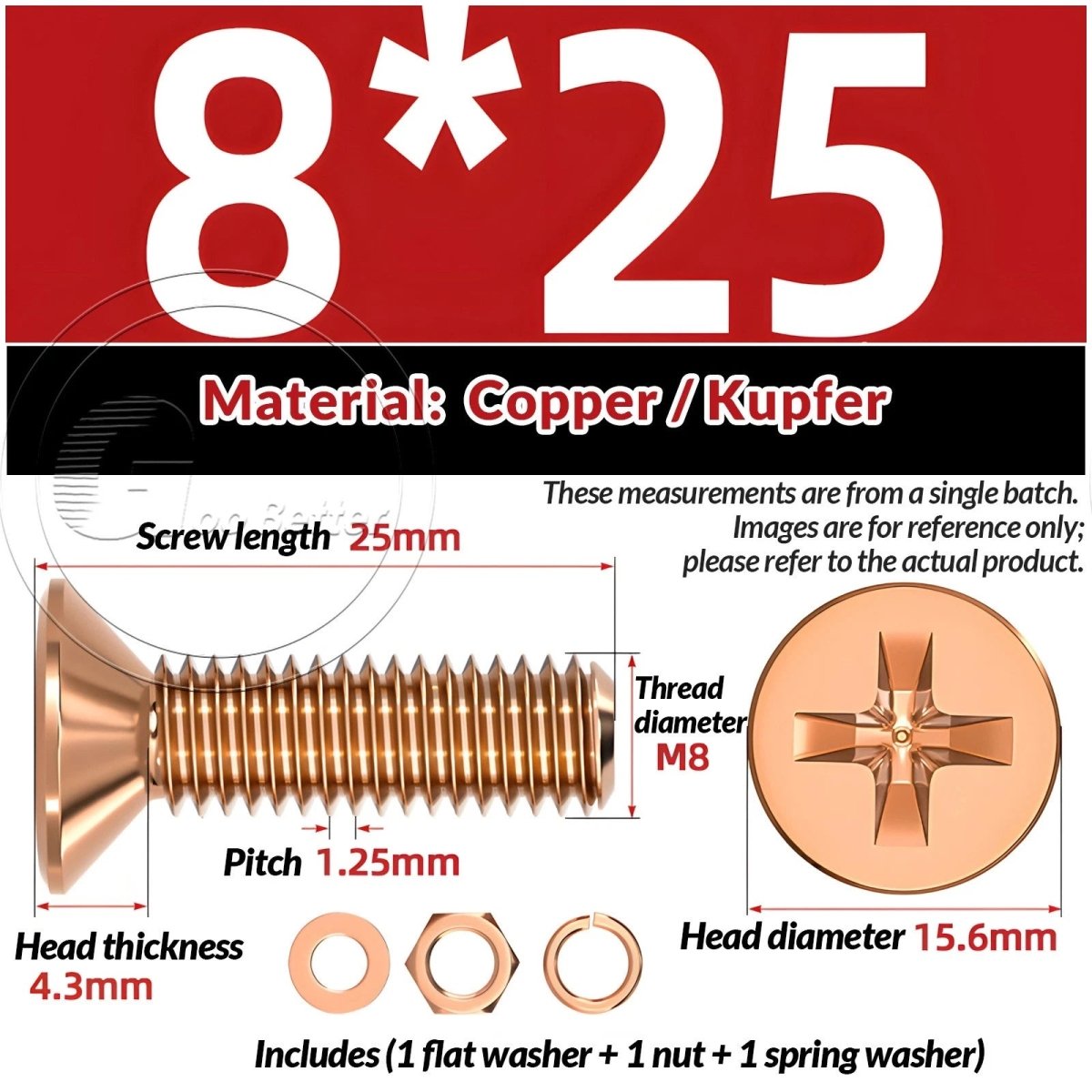 T2 Copper Pozi Countersunk Machine Screws with Flat Washer & Nut | M3–M10 - HomeDIYer