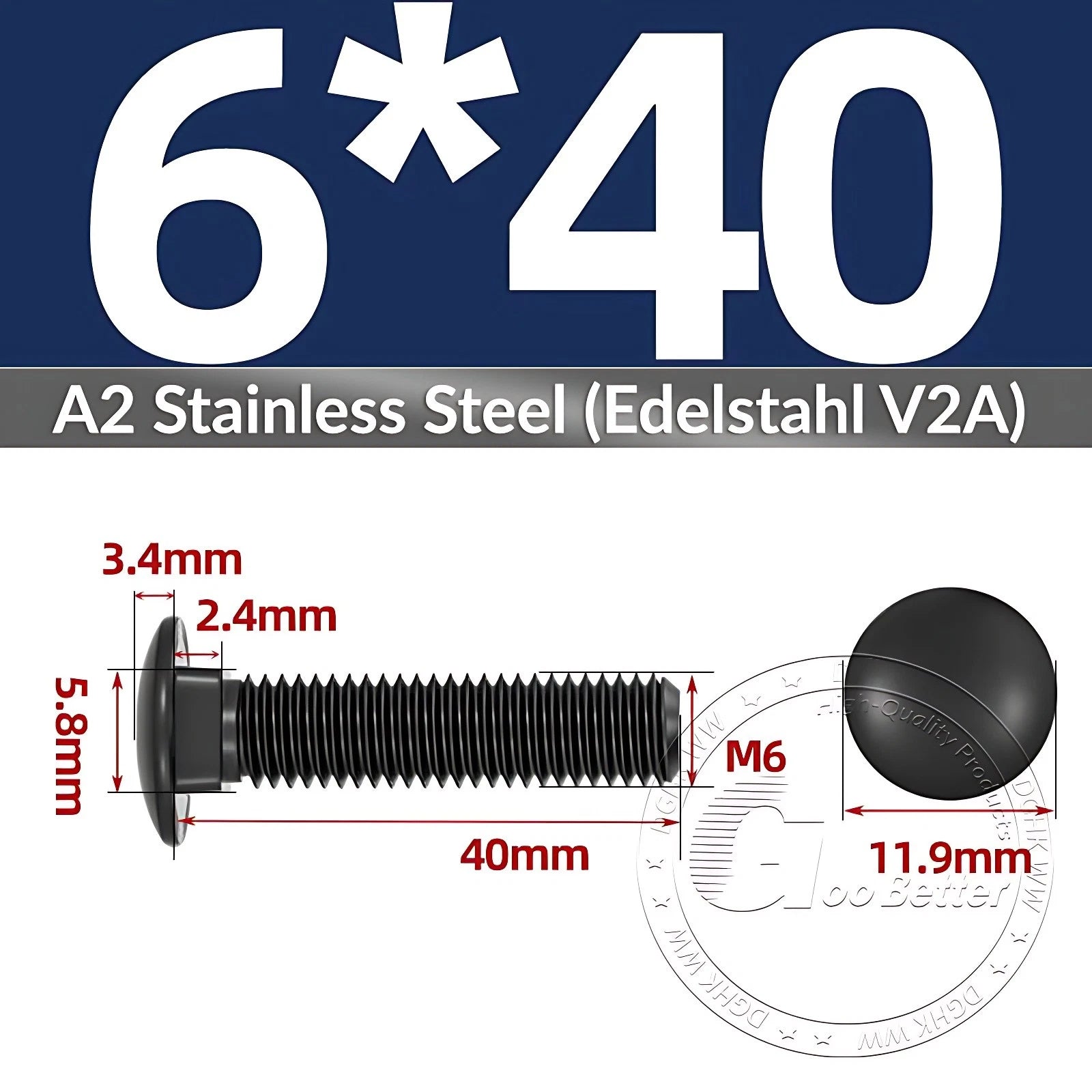 Black Stainless Steel Carriage Bolts M3–M12 | A2 Cup Square Dome Screws