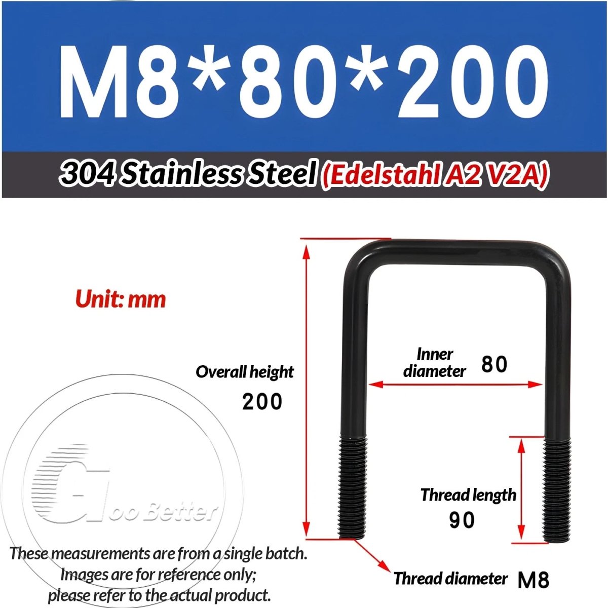 Black Square U - Bolts 304 Stainless Steel Fixing Clamp — M6 M8 M10 - HomeDIYer