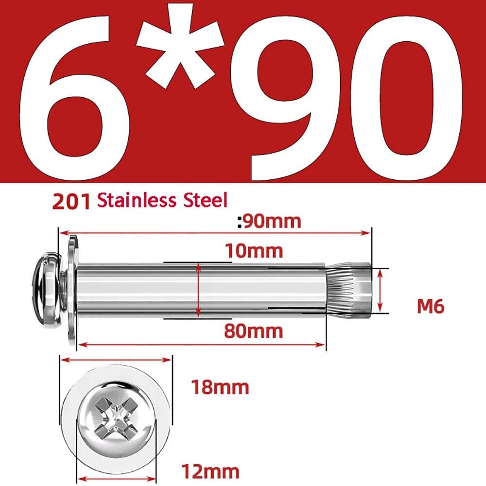 M6 M8 M10 Stainless Steel Expansion Screws — Round Head Phillips Drive, 40–100mm