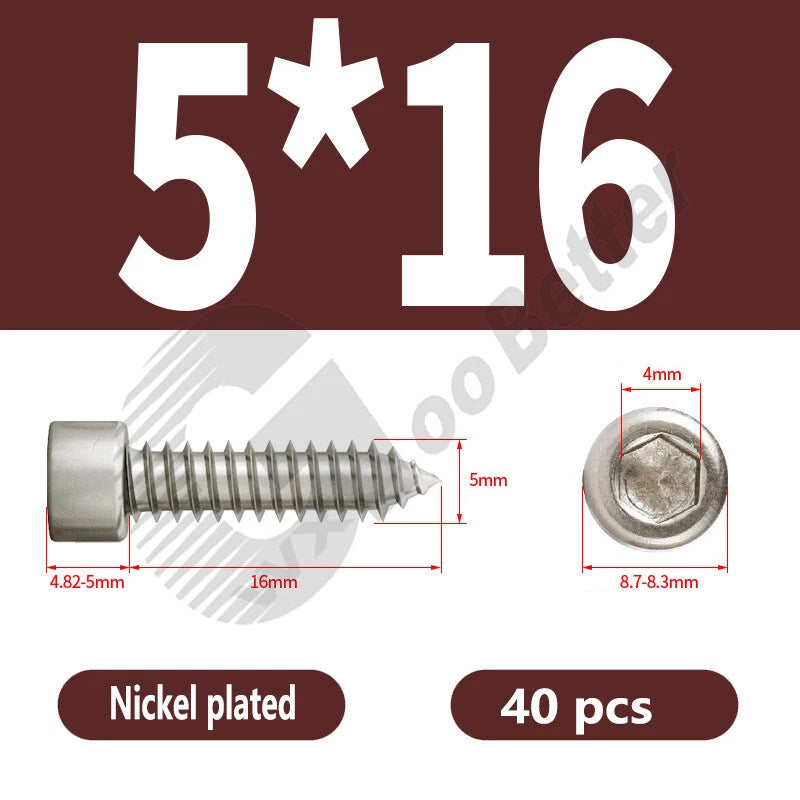 M1.7 M2 M2.3 M2.6 M3 M3.5 M4 M5 M6 Socket Head Self‑Tapping Screws – Alloy Steel, Nickel or Black Zinc