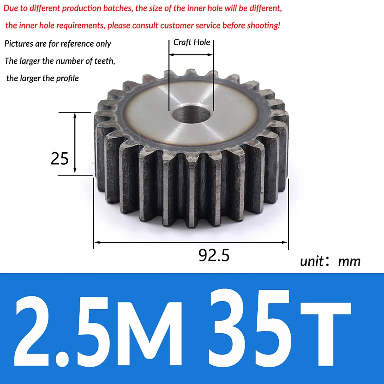 2.5 Mod 10T - 79T Spur Gear 45# Steel Pinion Gear Thickn 25MM Transmission Gear