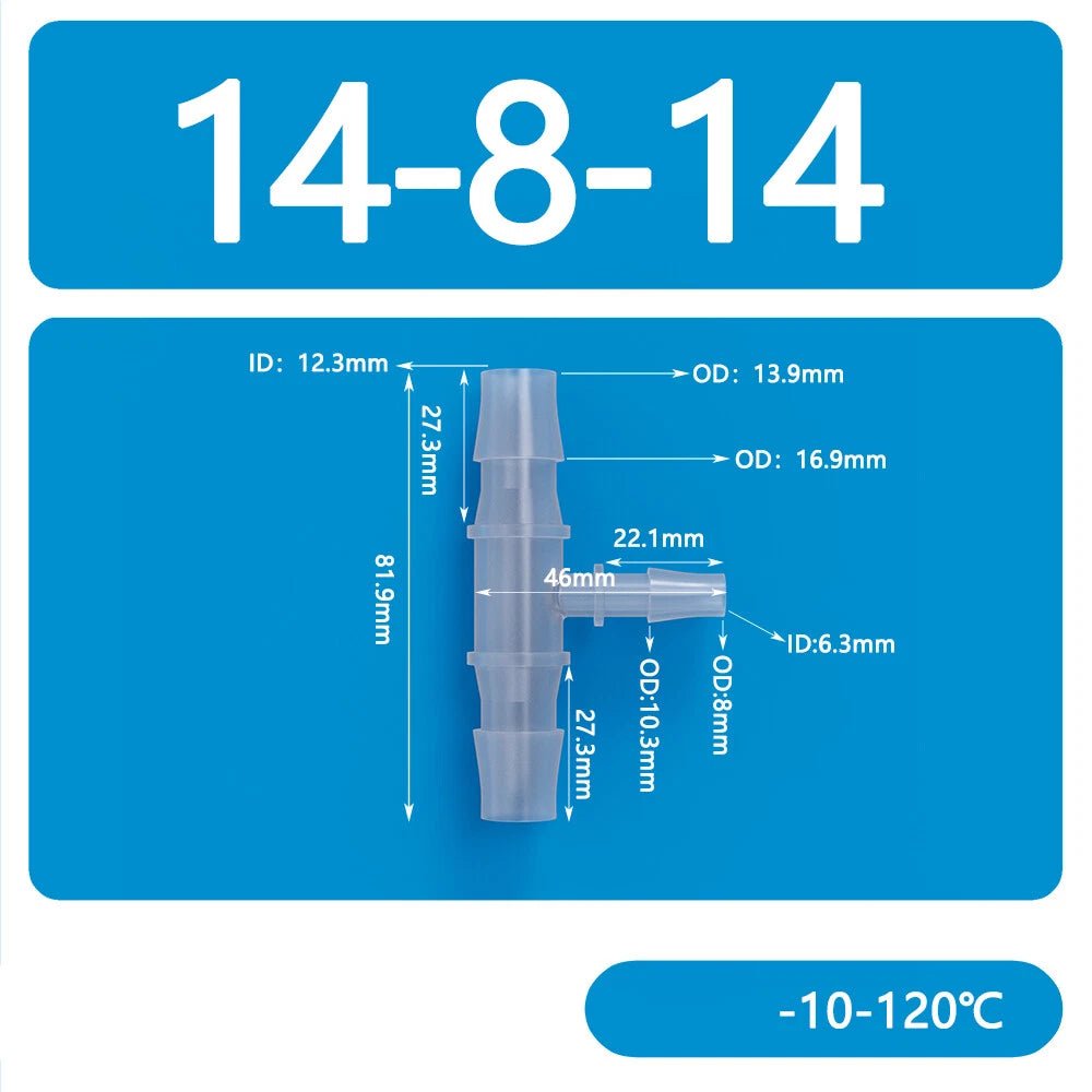 Plastic T-Type Barb Reducing Hose Fitting | 3-Way Tube Connector 1.6mm–14mm