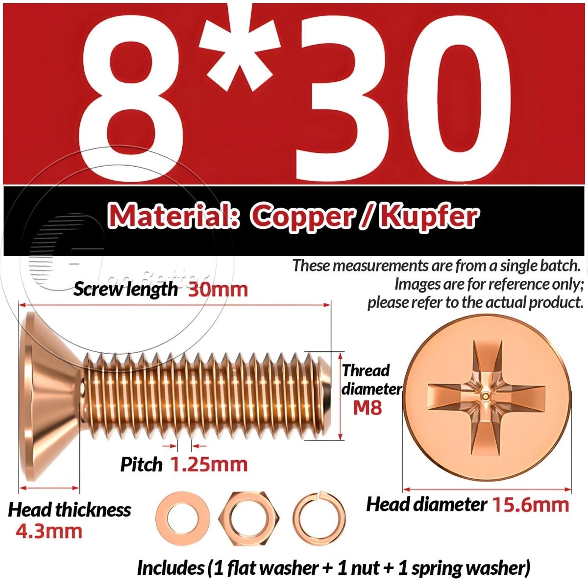 T2 Copper Pozi Countersunk Machine Screws with Flat Washer & Nut | M3–M10 - HomeDIYer