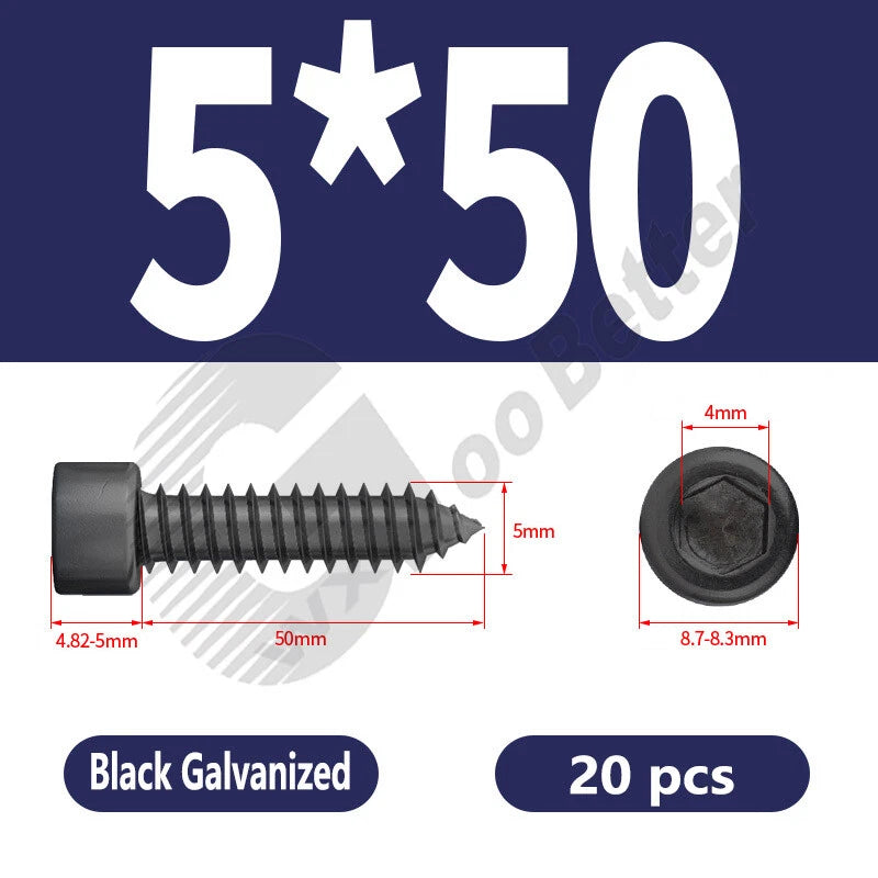 M1.7 M2 M2.3 M2.6 M3 M3.5 M4 M5 M6 Socket Head Self‑Tapping Screws – Alloy Steel, Nickel or Black Zinc