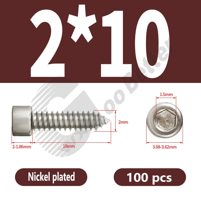M1.7 M2 M2.3 M2.6 M3 M3.5 M4 M5 M6 Socket Head Self‑Tapping Screws – Alloy Steel, Nickel or Black Zinc