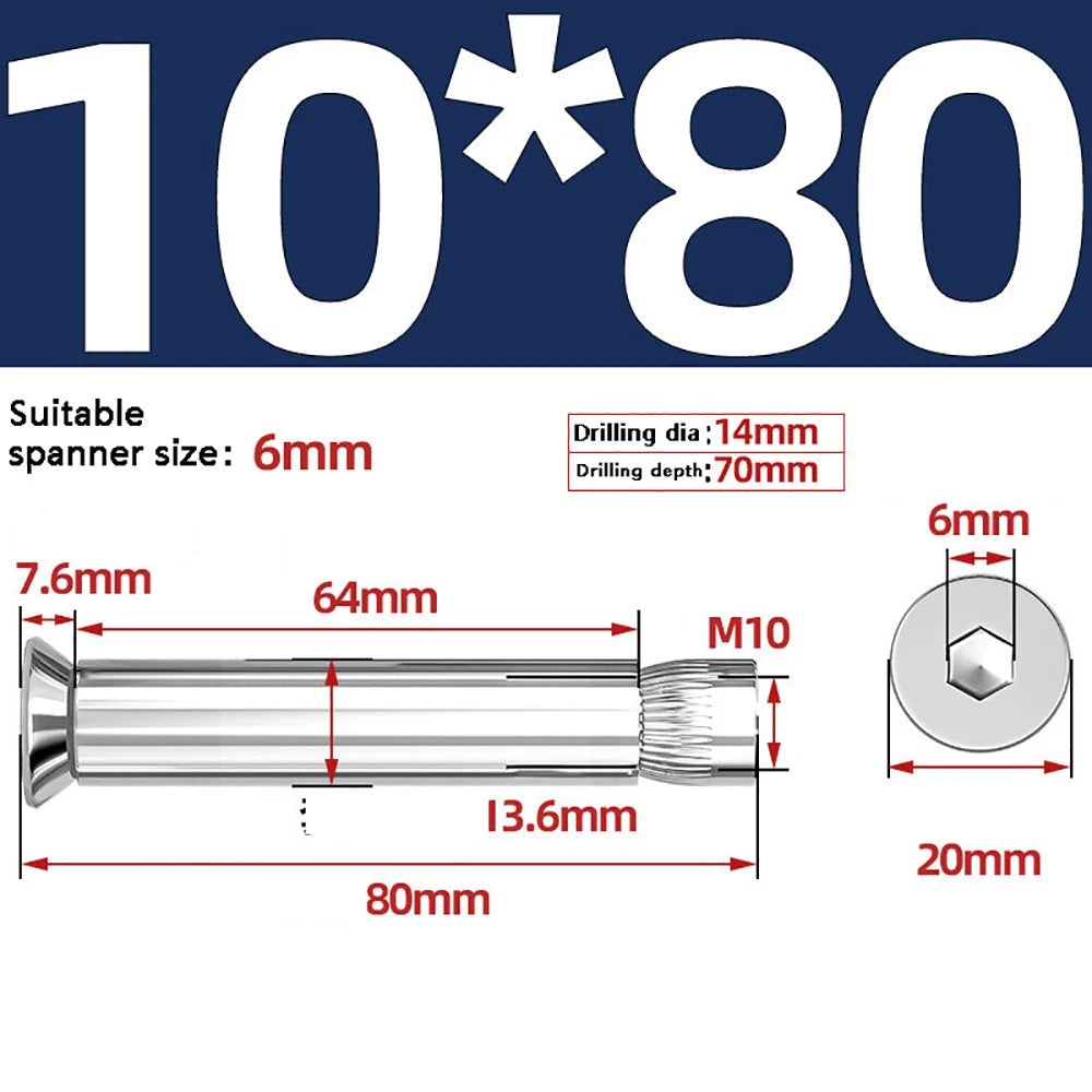 M6–M12 Countersunk Hex Socket Expansion Bolts — 304 & 201 Stainless Steel, A-Type & B-Type