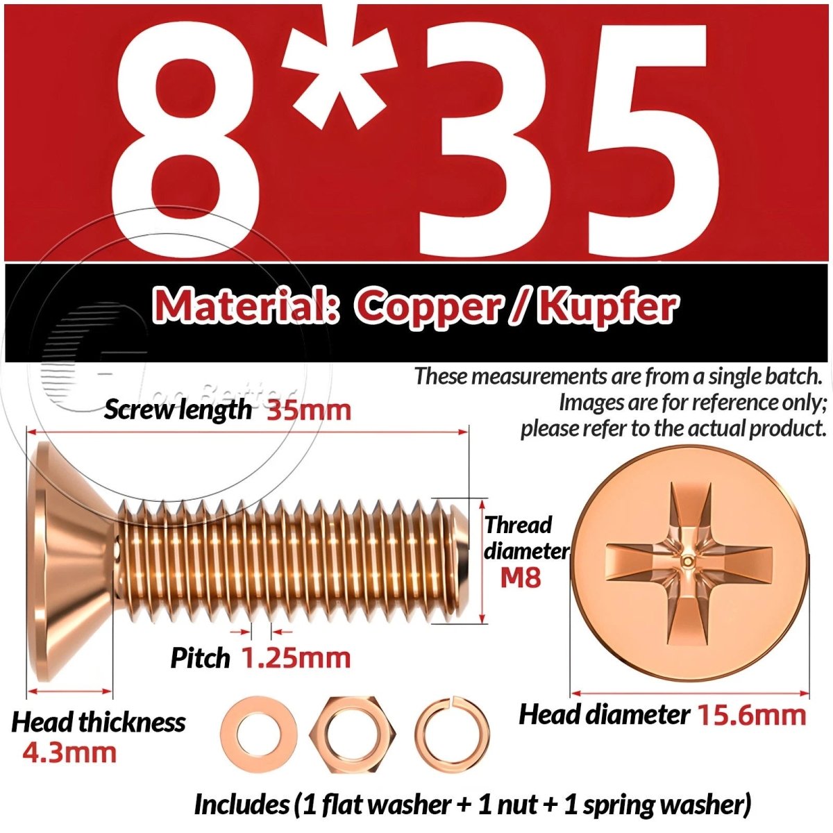 T2 Copper Pozi Countersunk Machine Screws with Flat Washer & Nut | M3–M10 - HomeDIYer