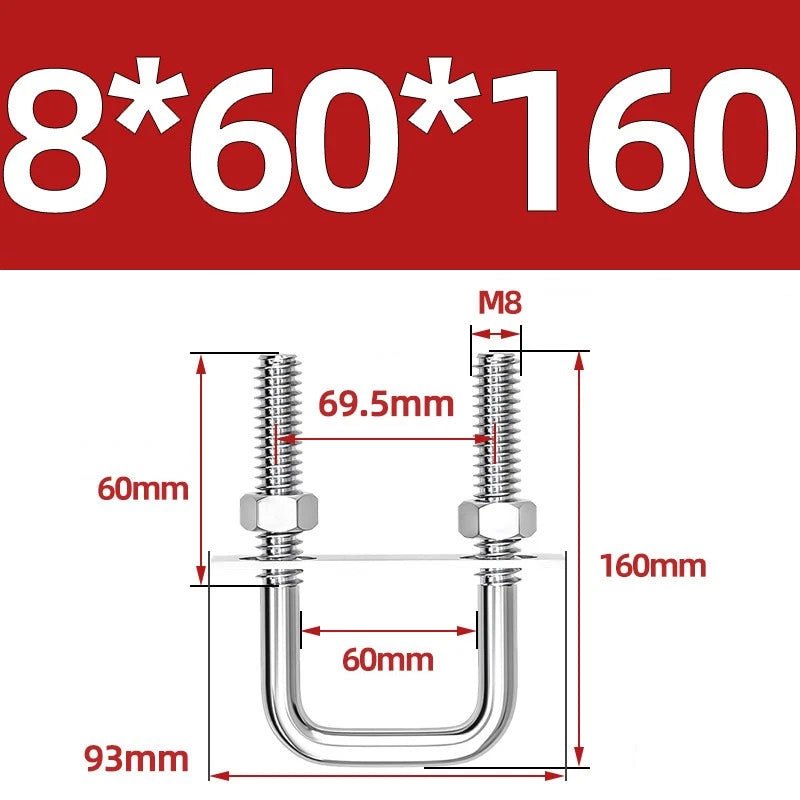 M8 Square U - Bolts Stainless Steel A2 with Plates and Nuts — Multiple Sizes - HomeDIYer