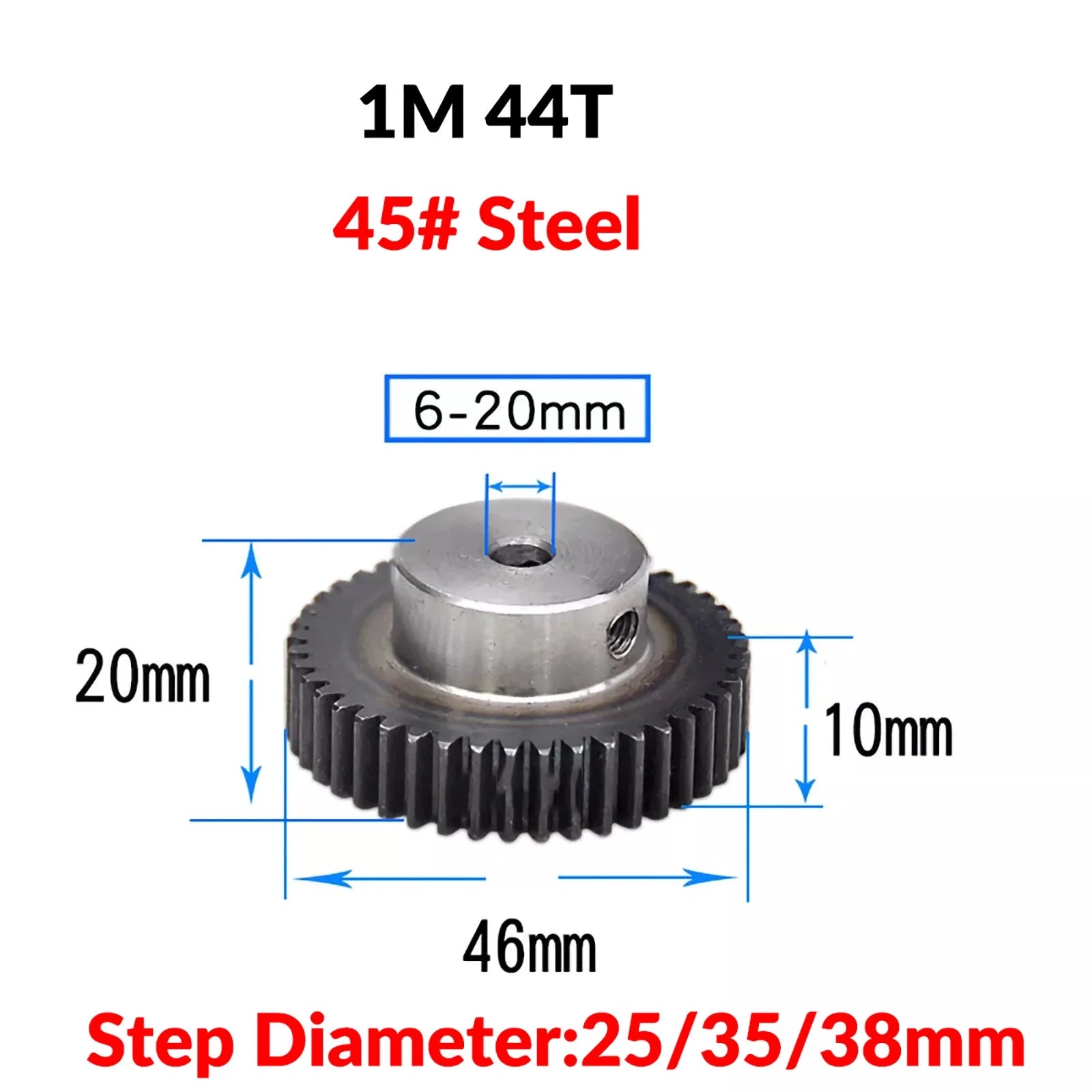 Mod 1 45# Steel Pinion Gear Spur Gears 10-60 T 14-50mm Bore With Step Motor Gear
