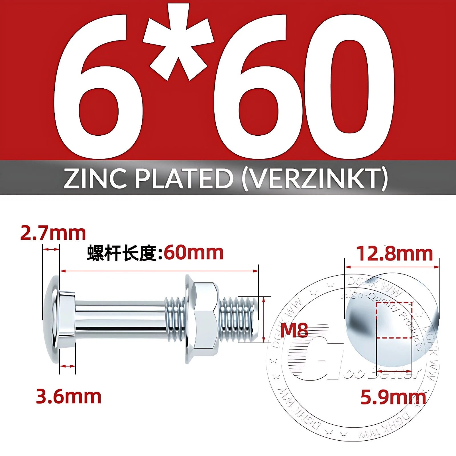 Cup Square Carriage Bolts with Hex Nut — Zinc Plated, M4 to M12