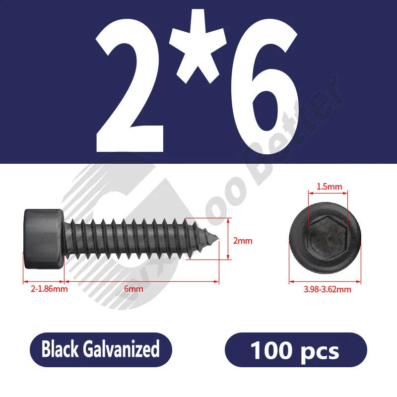 M1.7 M2 M2.3 M2.6 M3 M3.5 M4 M5 M6 Socket Head Self‑Tapping Screws – Alloy Steel, Nickel or Black Zinc
