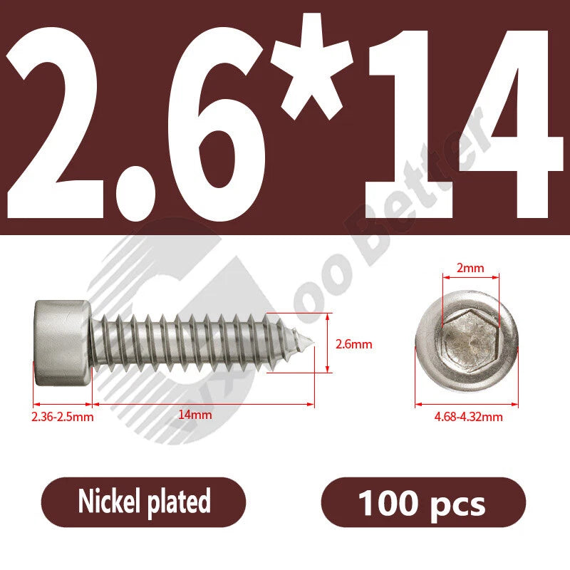 M1.7 M2 M2.3 M2.6 M3 M3.5 M4 M5 M6 Socket Head Self‑Tapping Screws – Alloy Steel, Nickel or Black Zinc