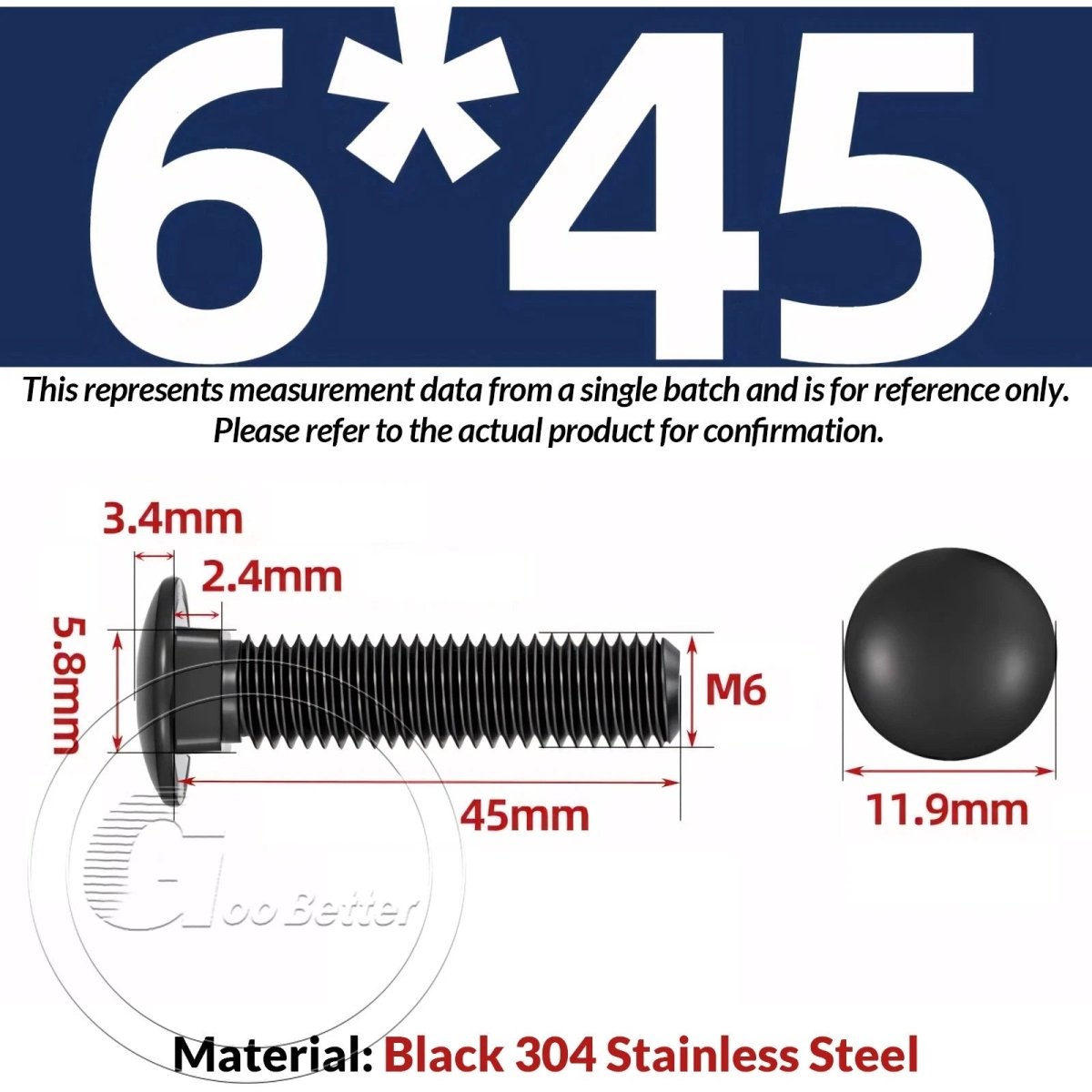 Black Carriage Bolts M3 M4 M5 M6 — Cup Square Domed Head, A2 - 70 Stainless Steel - HomeDIYer