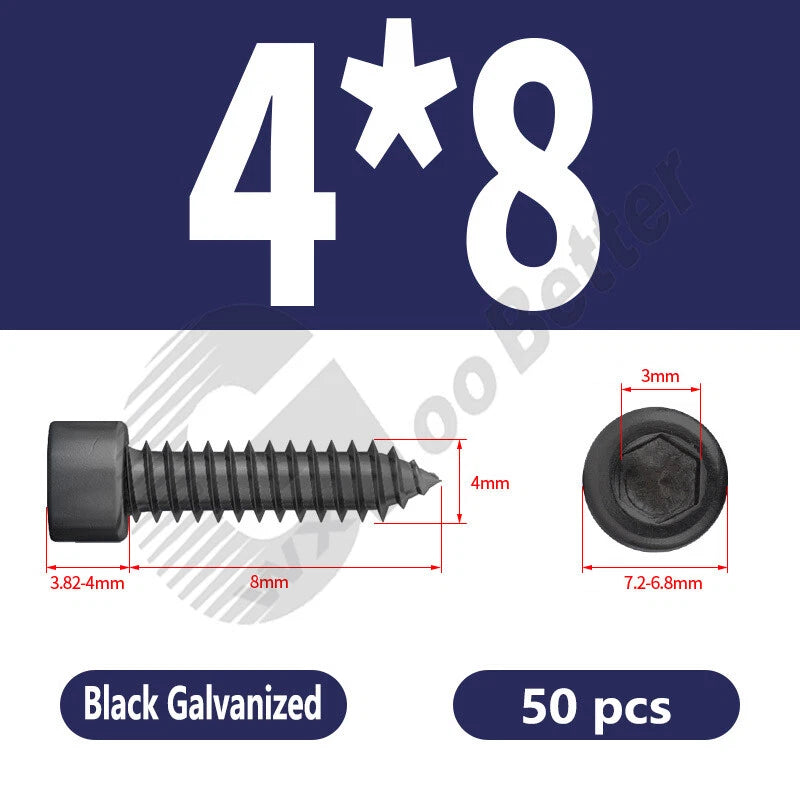 M1.7 M2 M2.3 M2.6 M3 M3.5 M4 M5 M6 Socket Head Self‑Tapping Screws – Alloy Steel, Nickel or Black Zinc