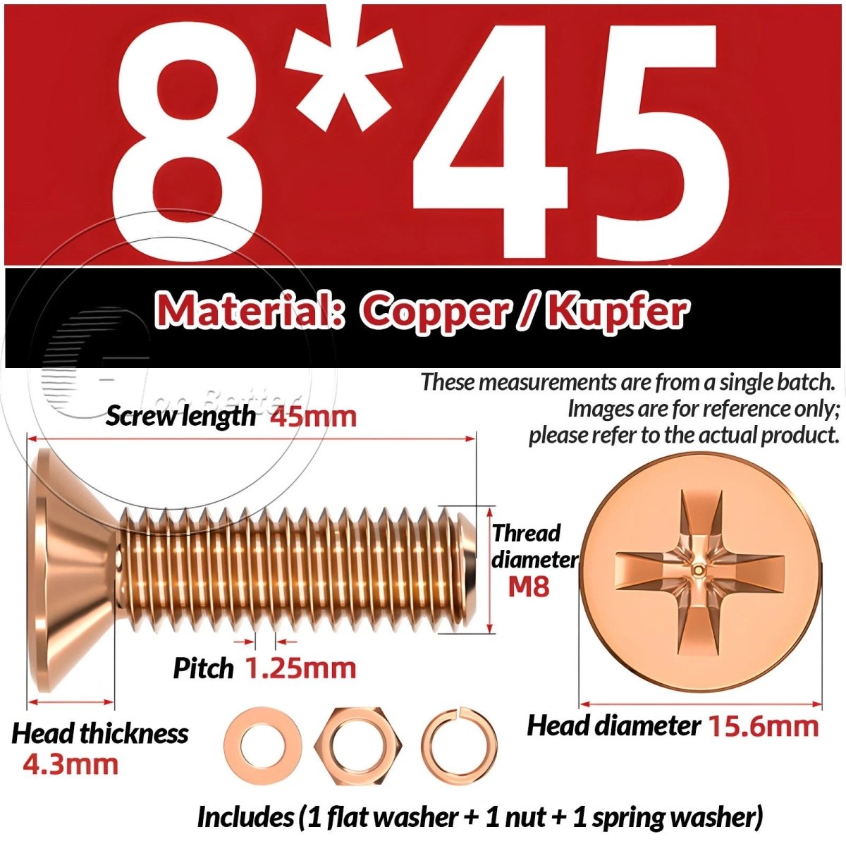 T2 Copper Pozi Countersunk Machine Screws with Flat Washer & Nut | M3–M10 - HomeDIYer