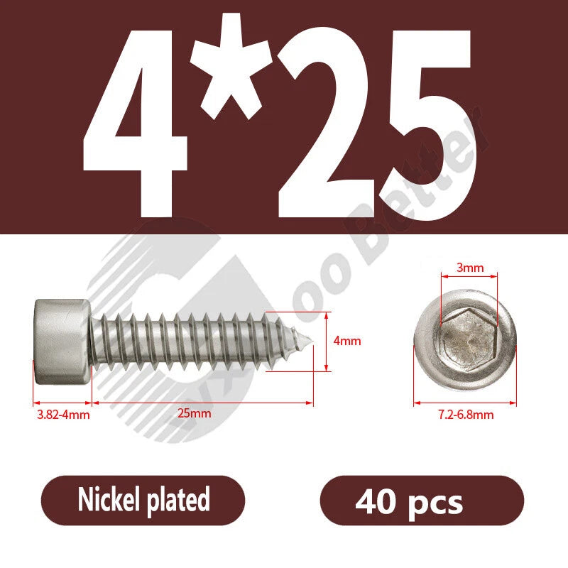 M1.7 M2 M2.3 M2.6 M3 M3.5 M4 M5 M6 Socket Head Self‑Tapping Screws – Alloy Steel, Nickel or Black Zinc
