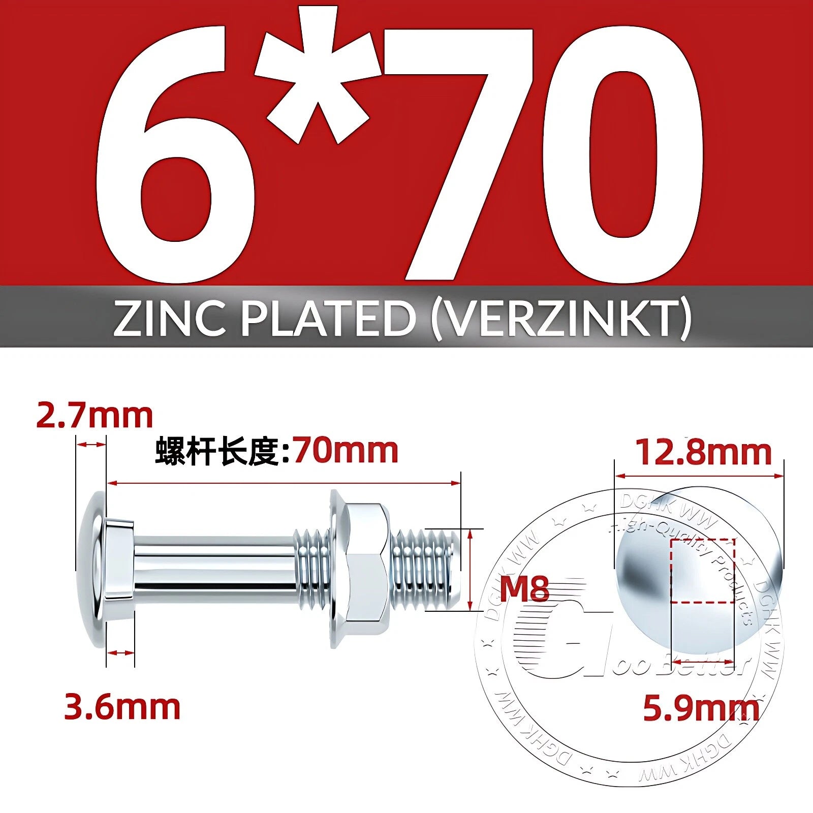 Cup Square Carriage Bolts with Hex Nut — Zinc Plated, M4 to M12