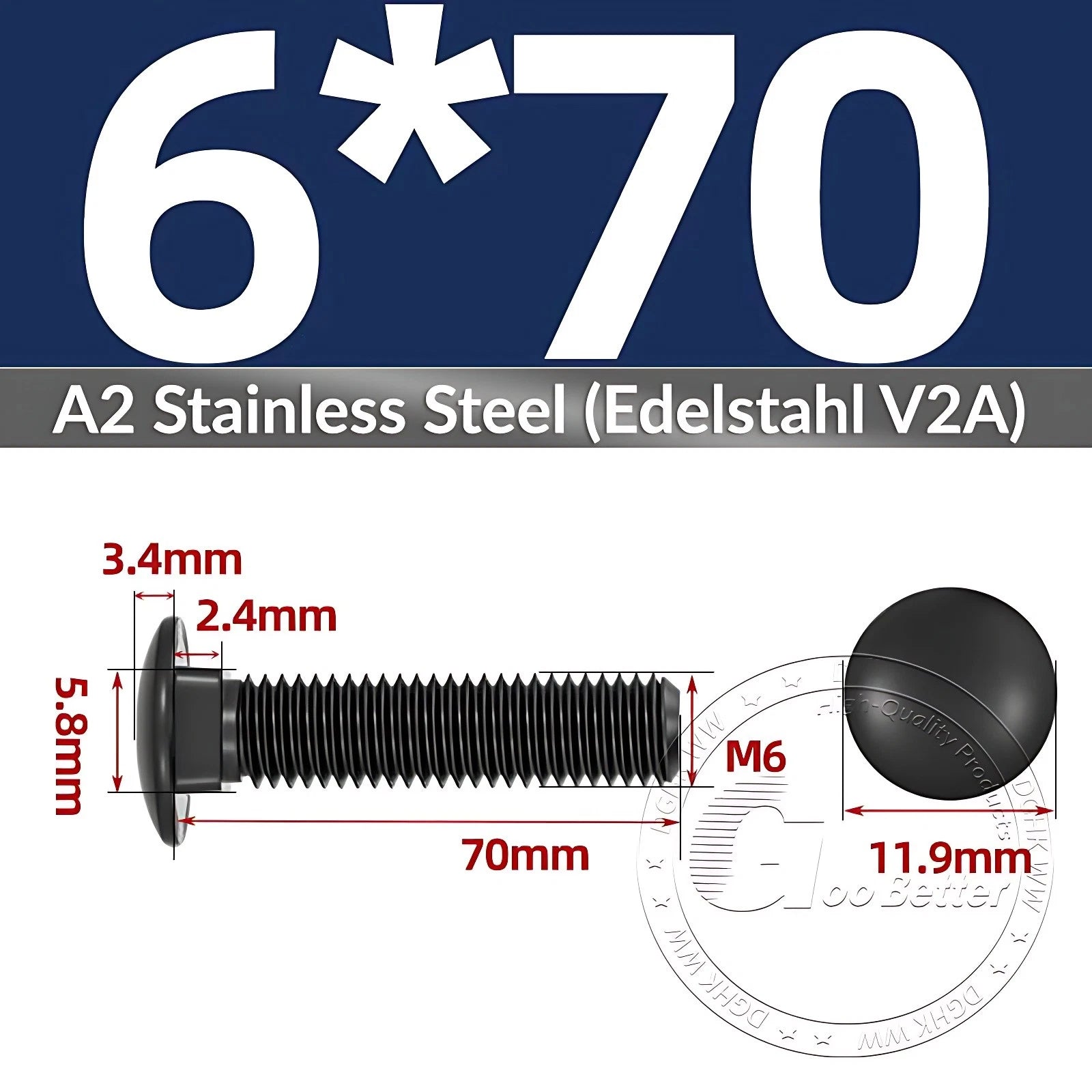 Black Stainless Steel Carriage Bolts M3–M12 | A2 Cup Square Dome Screws