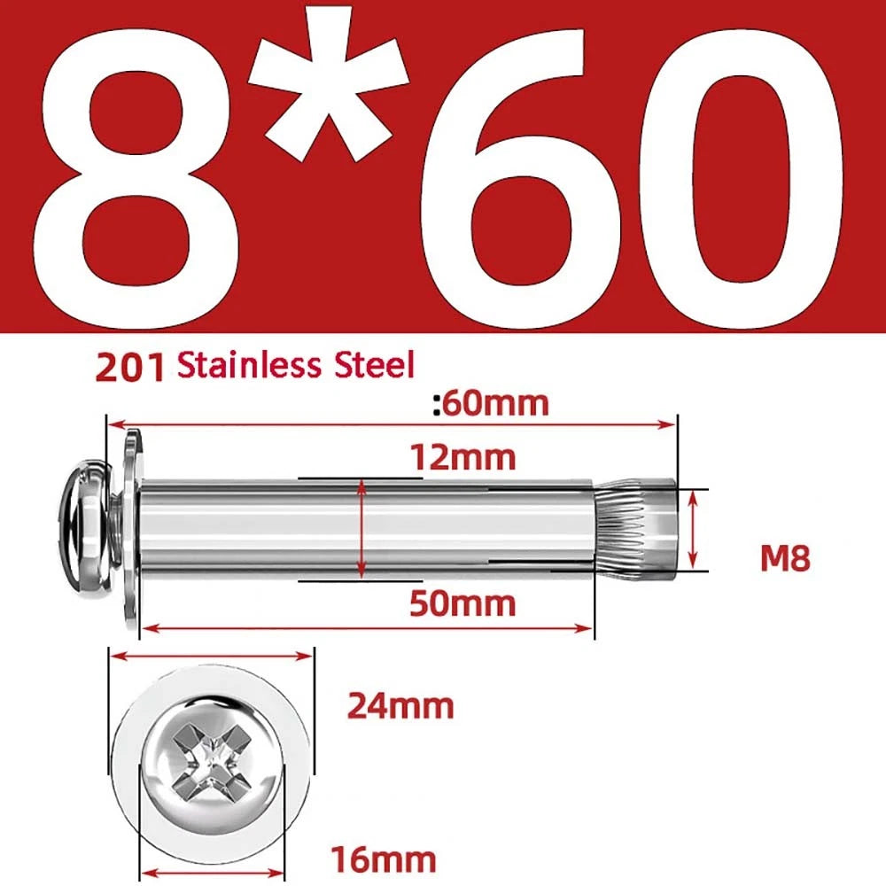 M6 M8 M10 Stainless Steel Expansion Screws — Round Head Phillips Drive, 40–100mm