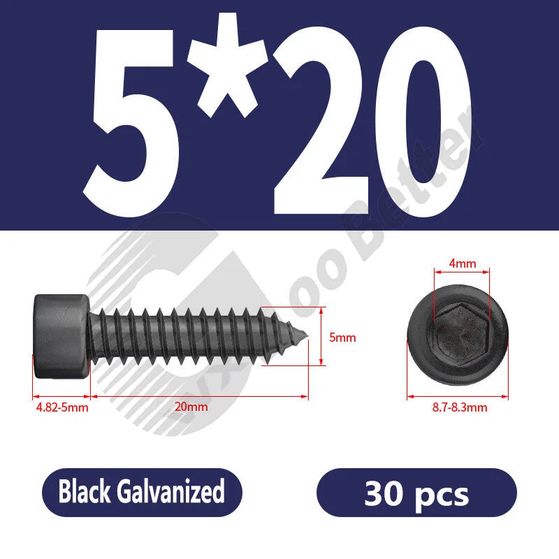 M1.7 M2 M2.3 M2.6 M3 M3.5 M4 M5 M6 Socket Head Self‑Tapping Screws – Alloy Steel, Nickel or Black Zinc