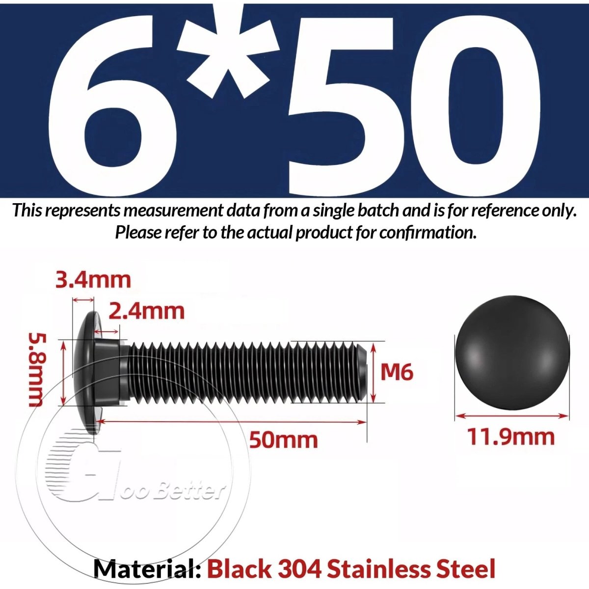 Black Carriage Bolts M3 M4 M5 M6 — Cup Square Domed Head, A2 - 70 Stainless Steel - HomeDIYer