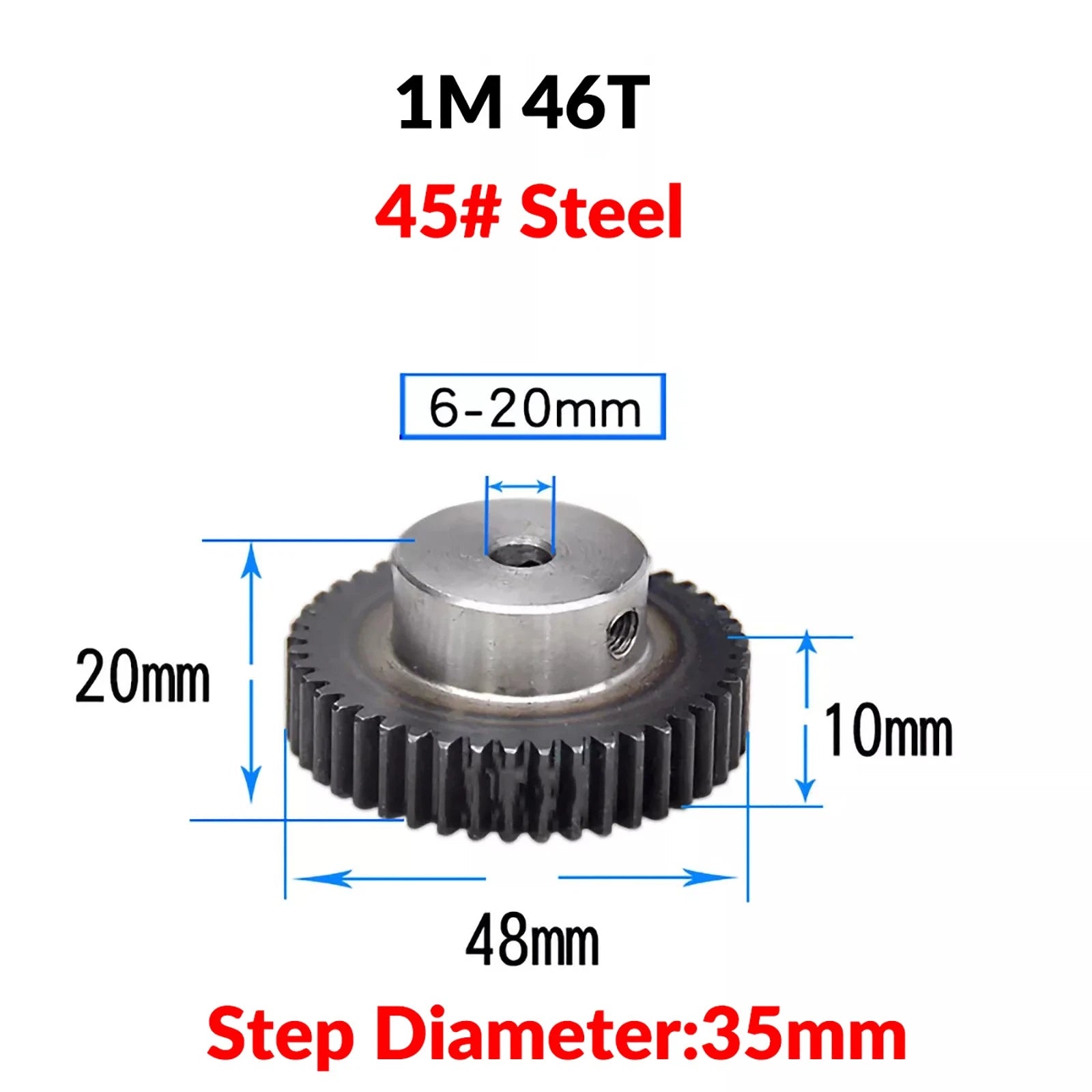 Mod 1 45# Steel Pinion Gear Spur Gears 10-60 T 14-50mm Bore With Step Motor Gear