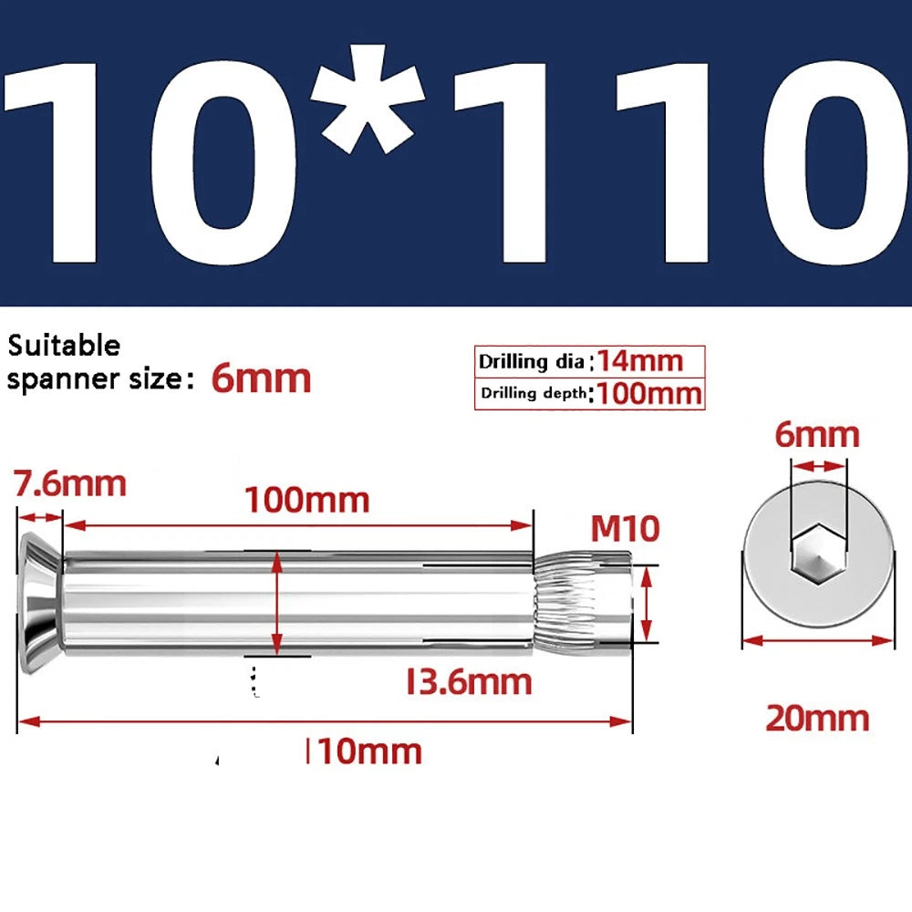 M6–M12 Countersunk Hex Socket Expansion Bolts — 304 & 201 Stainless Steel, A-Type & B-Type