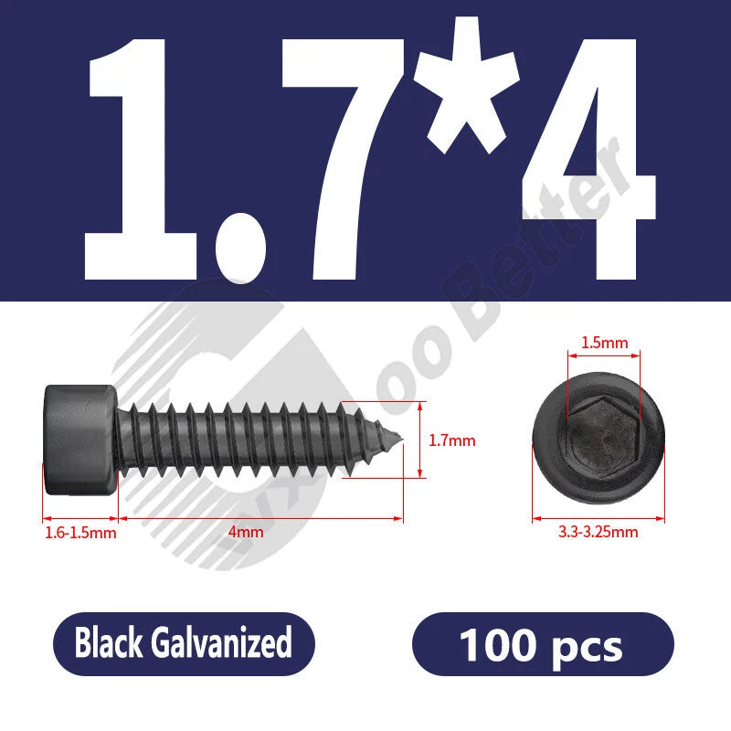 M1.7 M2 M2.3 M2.6 M3 M3.5 M4 M5 M6 Socket Head Self‑Tapping Screws – Alloy Steel, Nickel or Black Zinc
