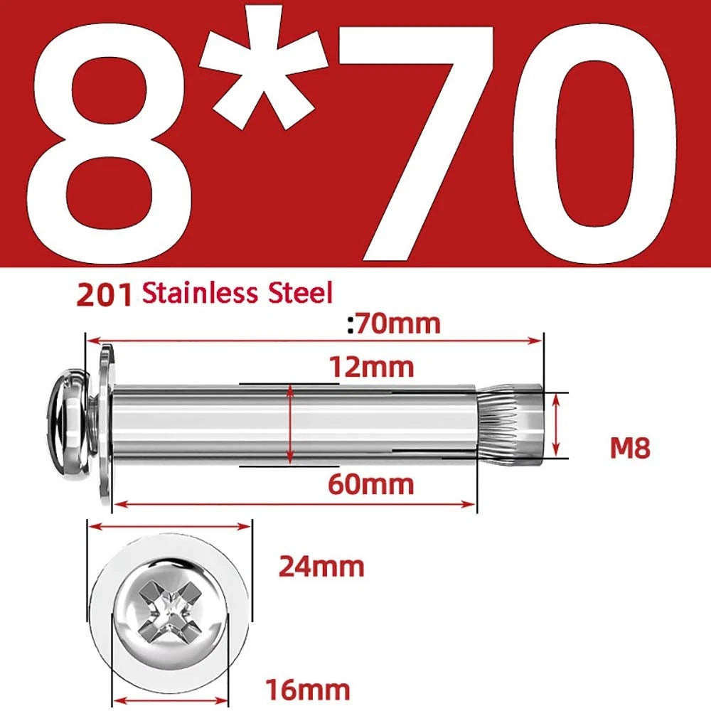 M6 M8 M10 Stainless Steel Expansion Screws — Round Head Phillips Drive, 40–100mm