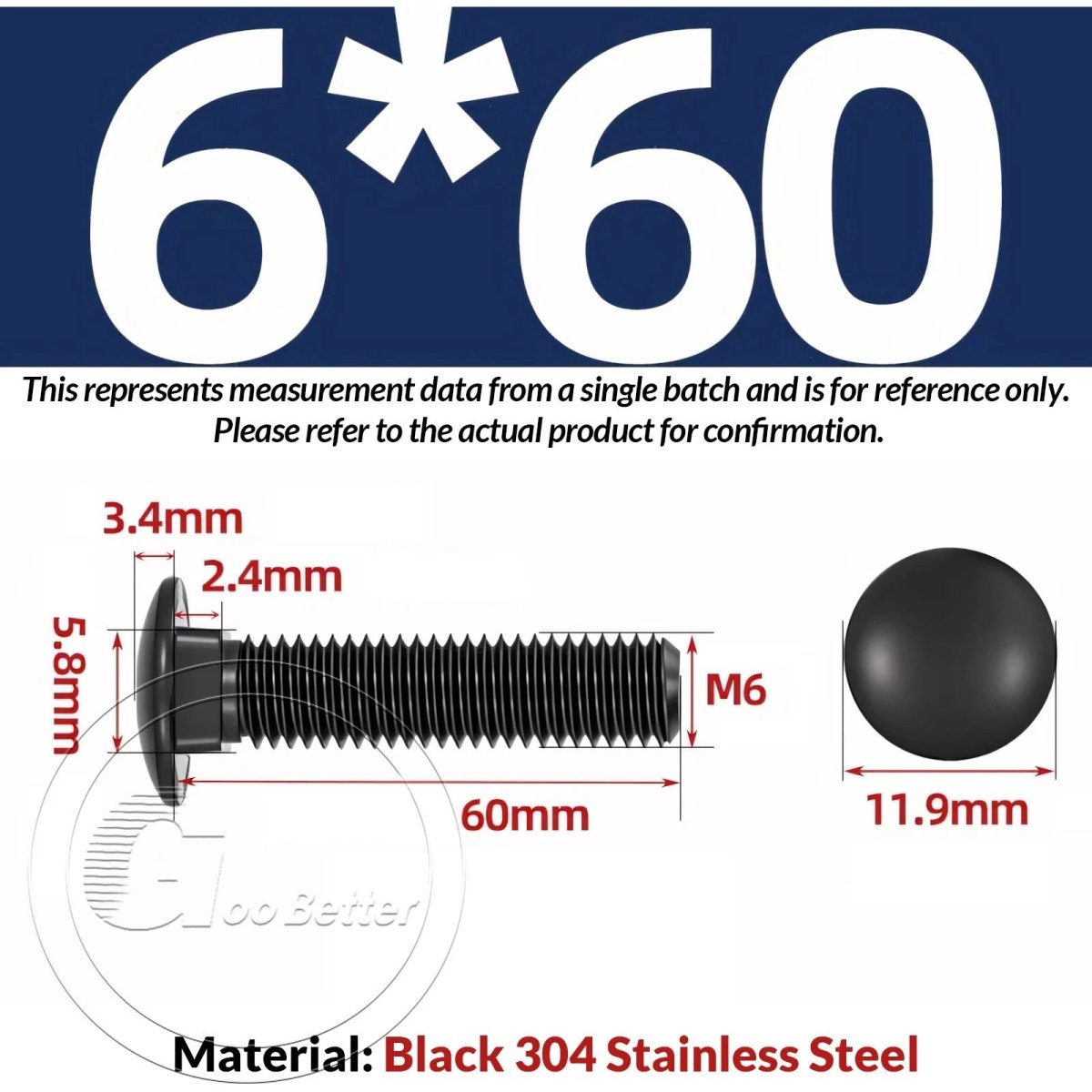 Black Carriage Bolts M3 M4 M5 M6 — Cup Square Domed Head, A2 - 70 Stainless Steel - HomeDIYer