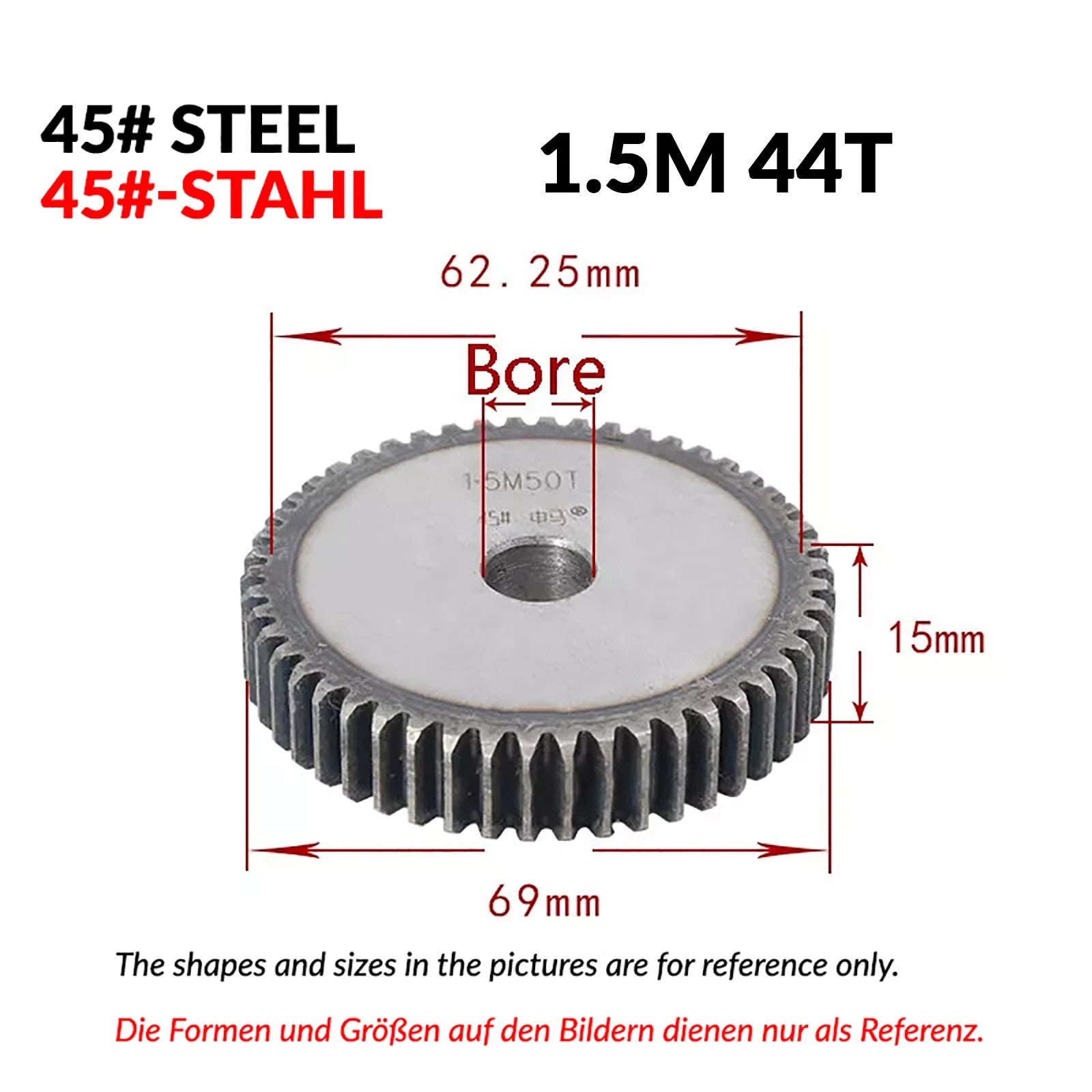 1.5 Mod 12/13/14/15/16/17/18/20-120T 45# Spur Gear Thickn 15mm Transmission Gear