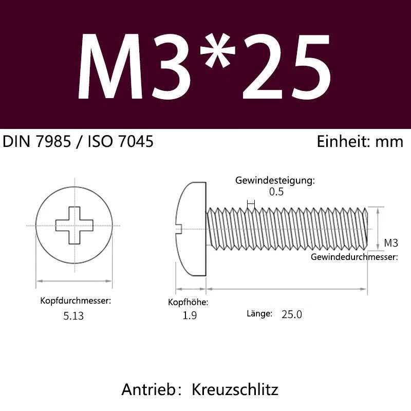 6063 Aluminium Phillips Pan Head Machine Screws DIN 7985 — M1.7 to M6 Metric