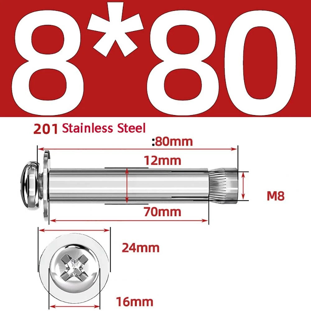 M6 M8 M10 Stainless Steel Expansion Screws — Round Head Phillips Drive, 40–100mm