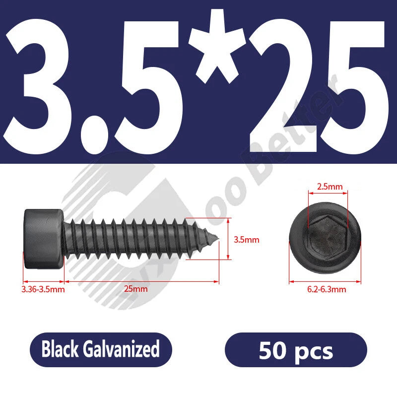 M1.7 M2 M2.3 M2.6 M3 M3.5 M4 M5 M6 Socket Head Self‑Tapping Screws – Alloy Steel, Nickel or Black Zinc