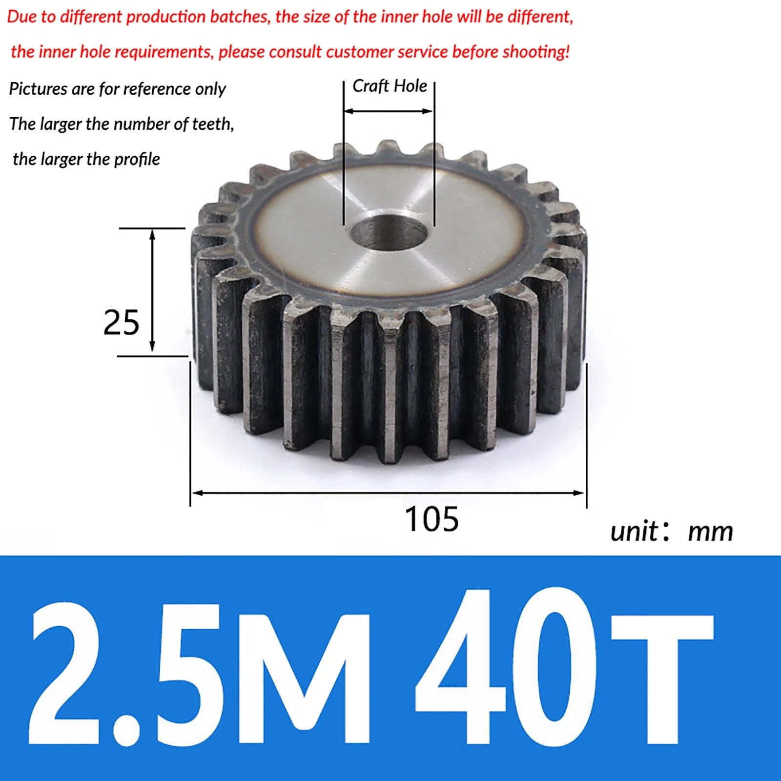 2.5 Mod 10T - 79T Spur Gear 45# Steel Pinion Gear Thickn 25MM Transmission Gear