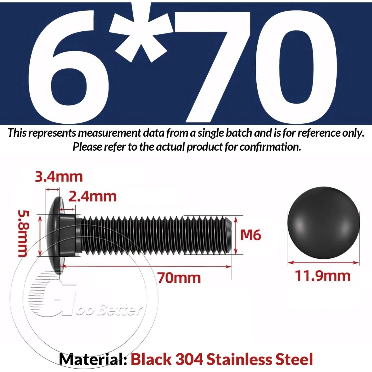 Black Carriage Bolts M3 M4 M5 M6 — Cup Square Domed Head, A2 - 70 Stainless Steel - HomeDIYer