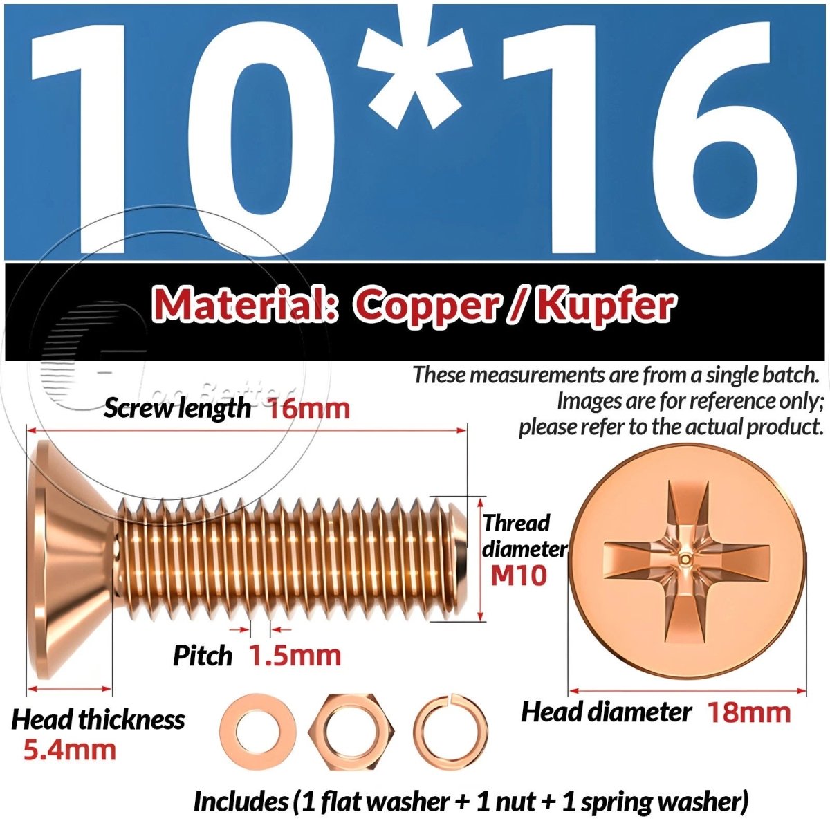 T2 Copper Pozi Countersunk Machine Screws with Flat Washer & Nut | M3–M10 - HomeDIYer