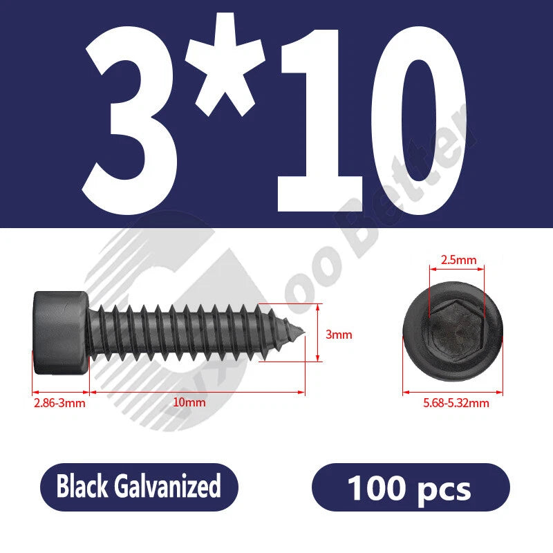 M1.7 M2 M2.3 M2.6 M3 M3.5 M4 M5 M6 Socket Head Self‑Tapping Screws – Alloy Steel, Nickel or Black Zinc