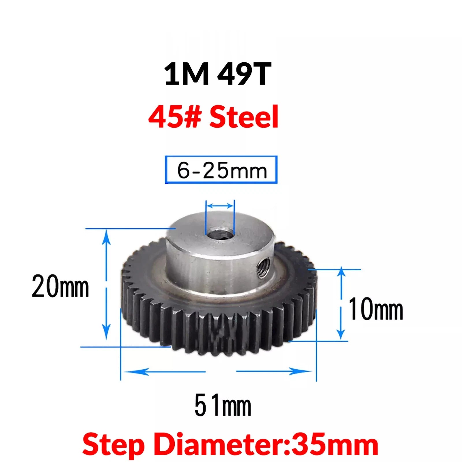 Mod 1 45# Steel Pinion Gear Spur Gears 10-60 T 14-50mm Bore With Step Motor Gear