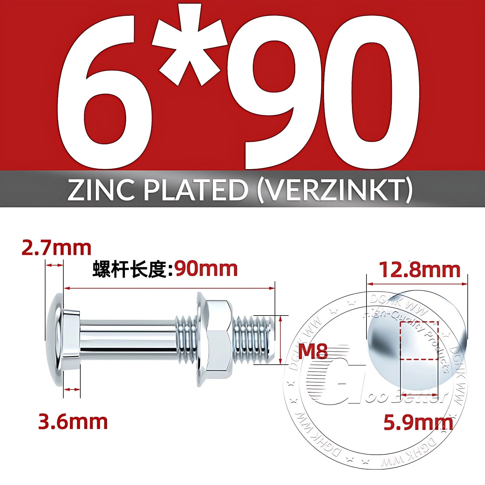 Cup Square Carriage Bolts with Hex Nut — Zinc Plated, M4 to M12