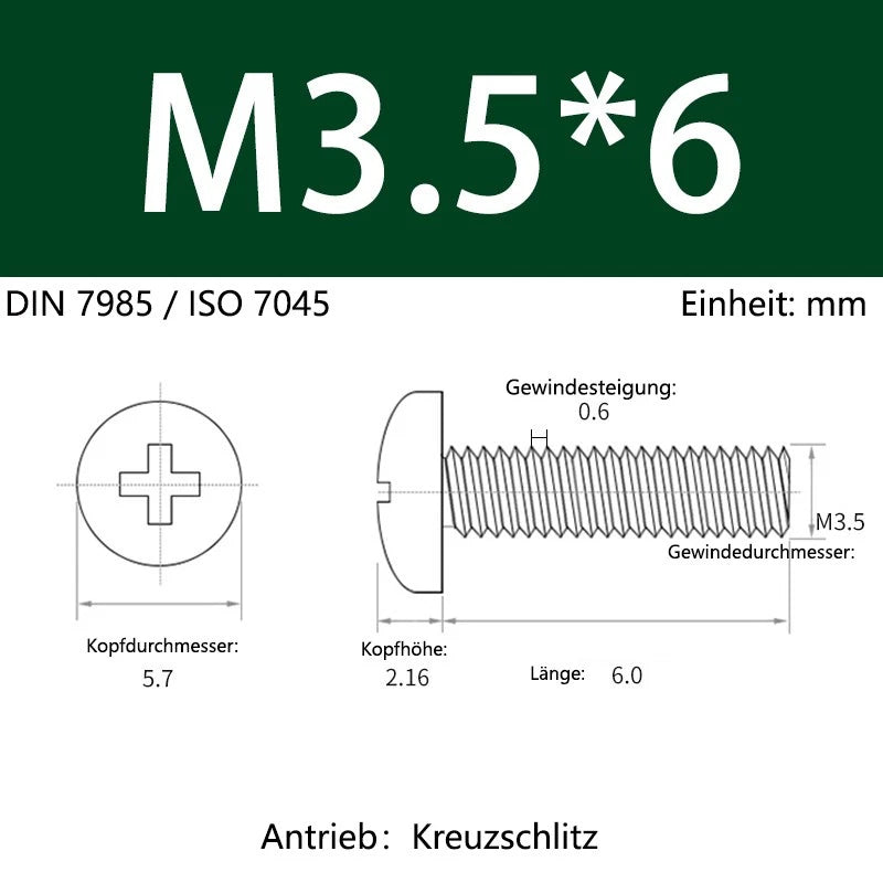 6063 Aluminium Phillips Pan Head Machine Screws DIN 7985 — M1.7 to M6 Metric
