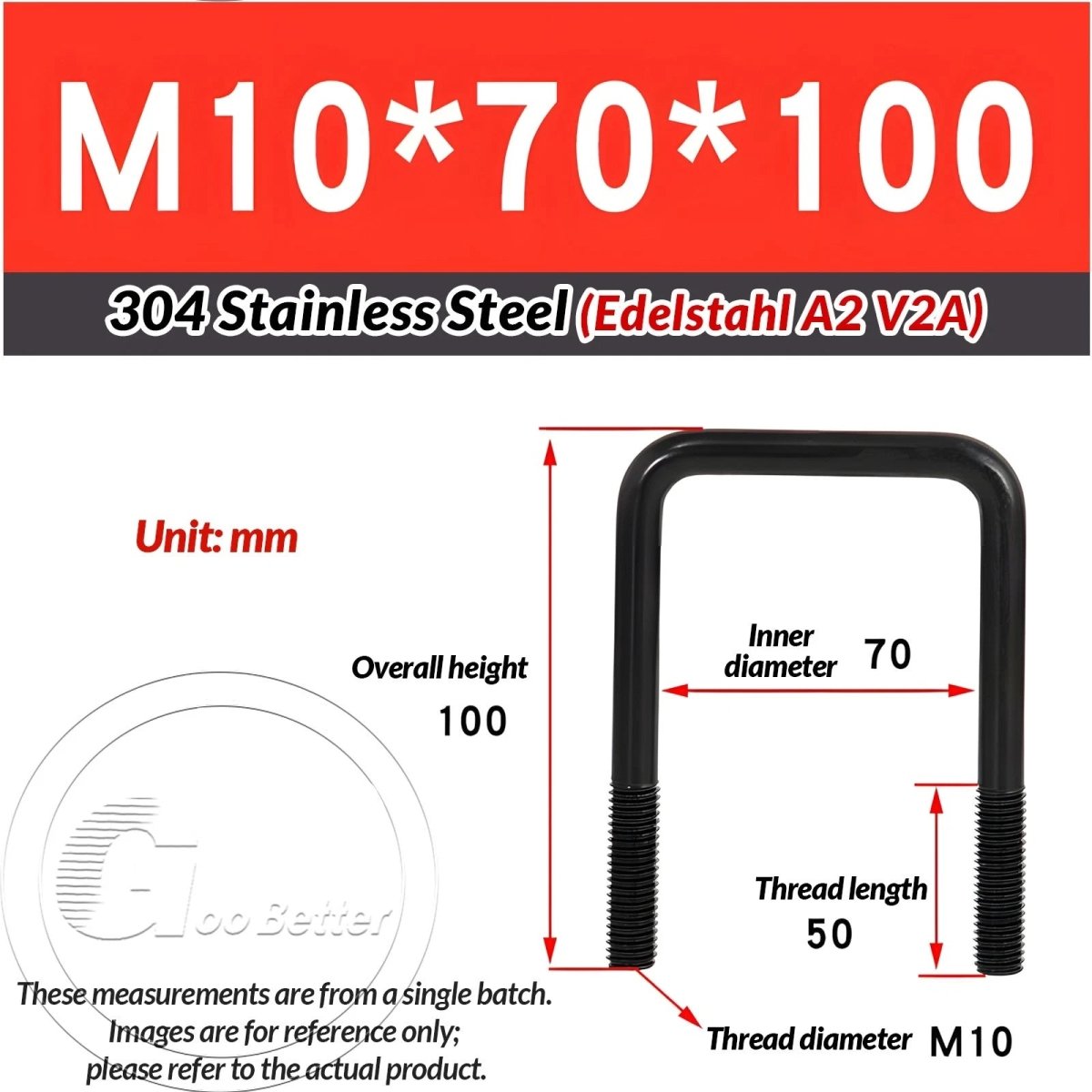 Black Square U - Bolts 304 Stainless Steel Fixing Clamp — M6 M8 M10 - HomeDIYer