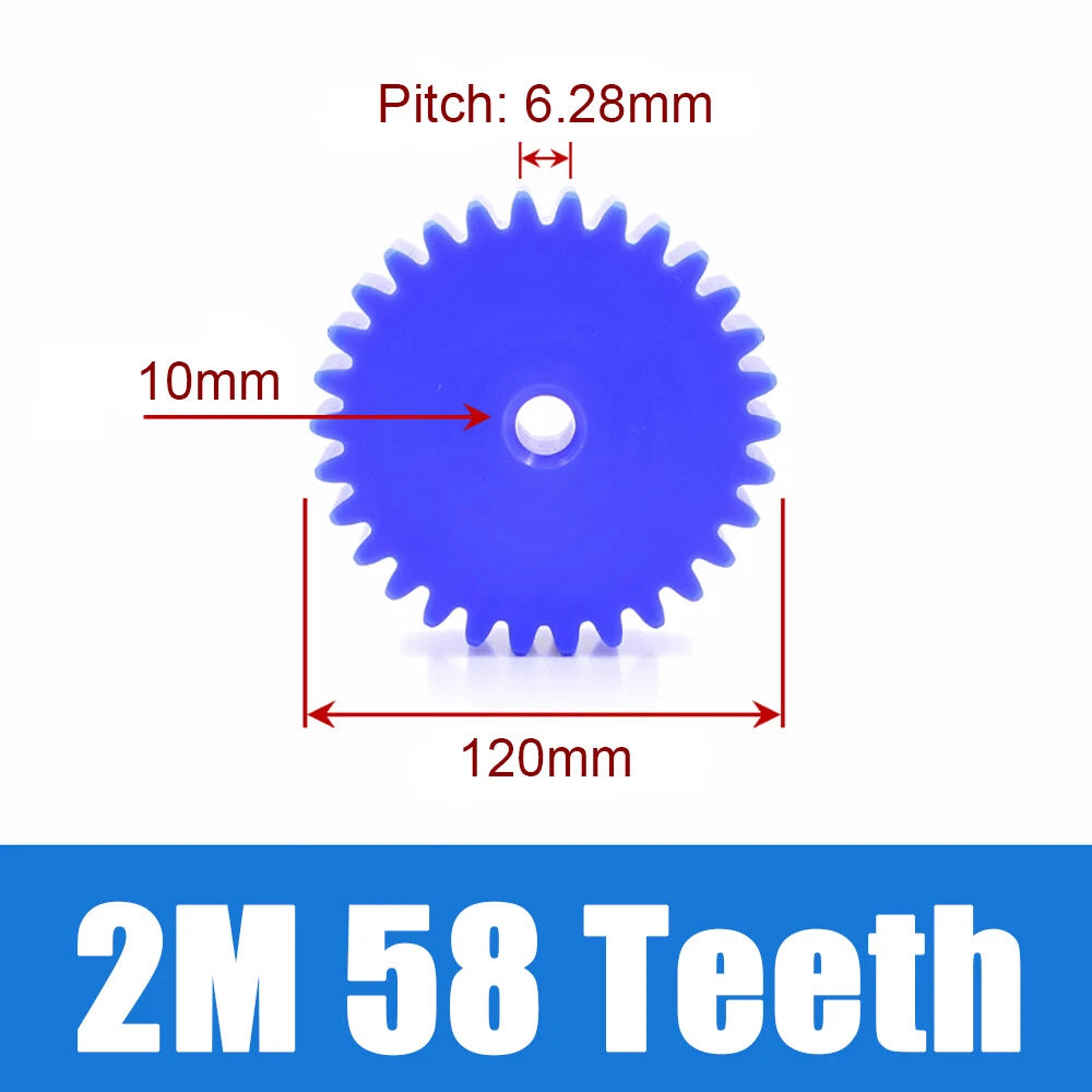 2 Modulus Blue Nylon Spur Gear, Cylinder Flat Gears 12~100 Teeth, 6/8/10mm Bore